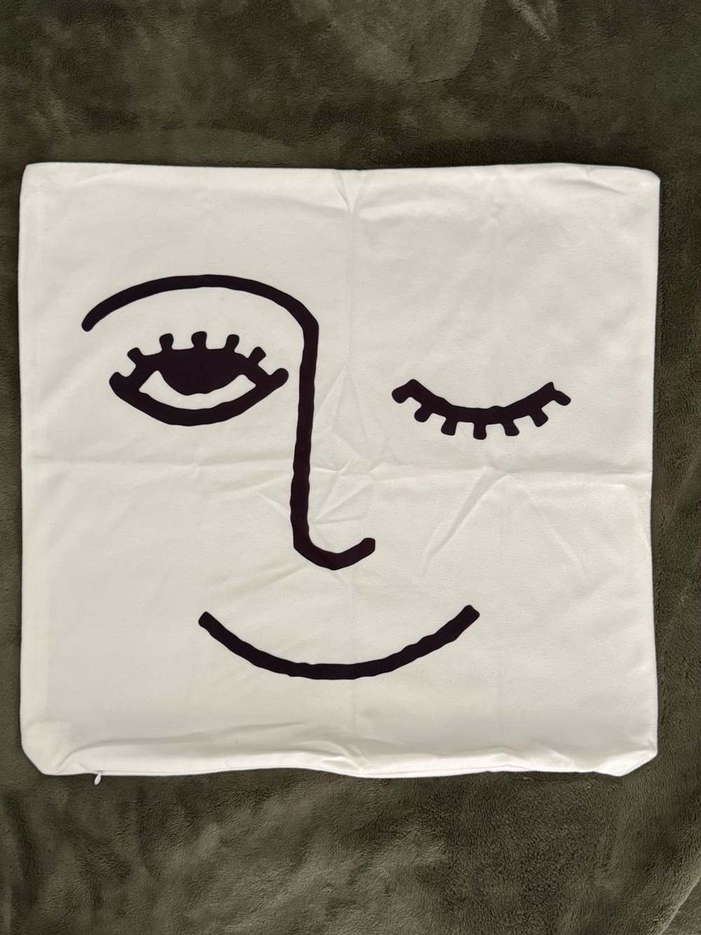 White Decorative Face Pillow Cover with Black Line Art